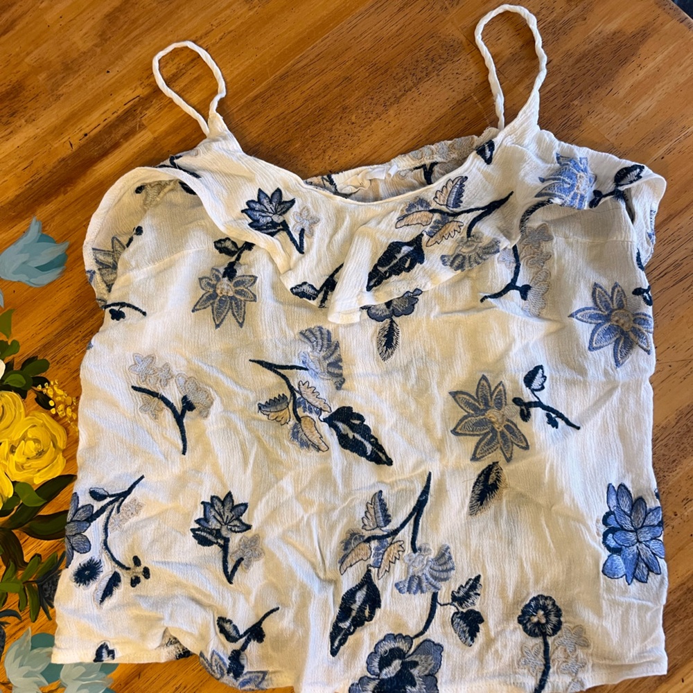 Women's White Floral Embroidered Crop Top - Blue Pattern
